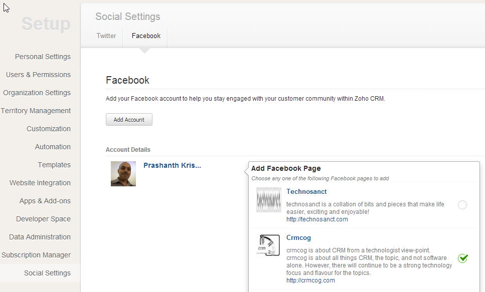 zoho social tab fb