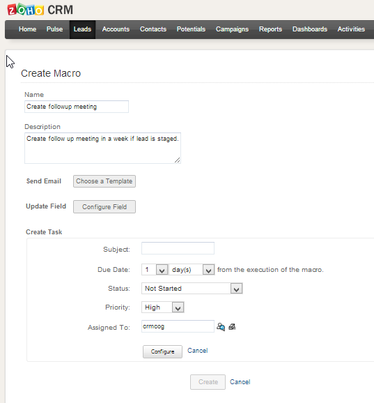 Automate simple Macro in Zoho CRM crmcog