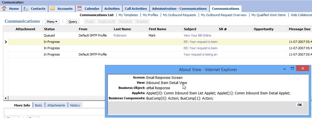 siebel Comm Inbound Item List Applet