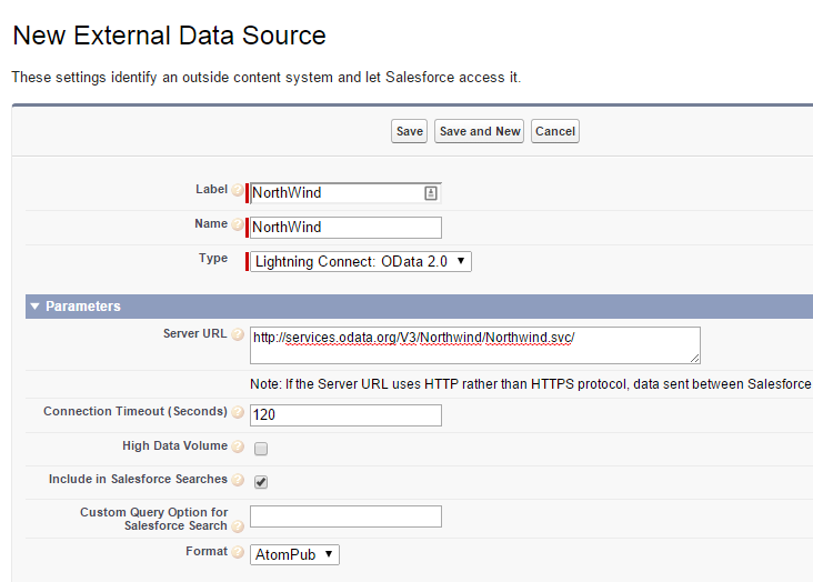 create new data source for external objects in force.com