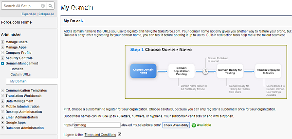 force.com get custom domains configured