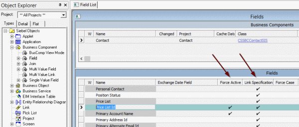 Siebel link specification and force active properties