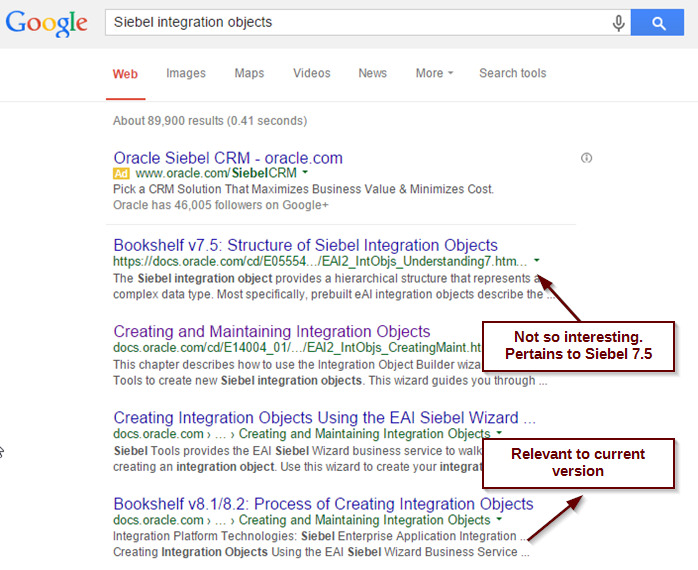 Siebel search results in Google