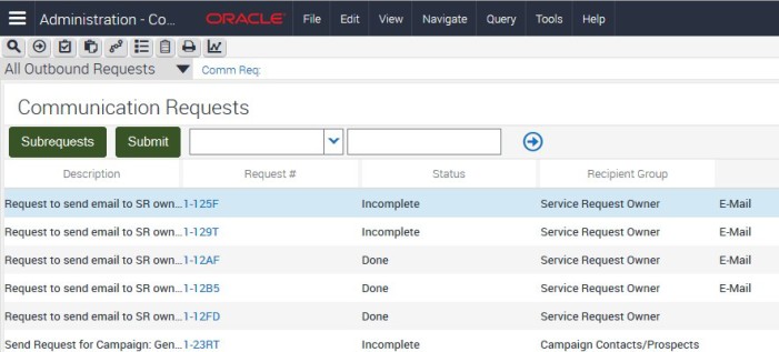 All Outbound Requests view in Siebel application