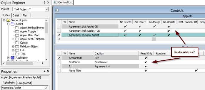 read only at applet, control, or list column level in siebel