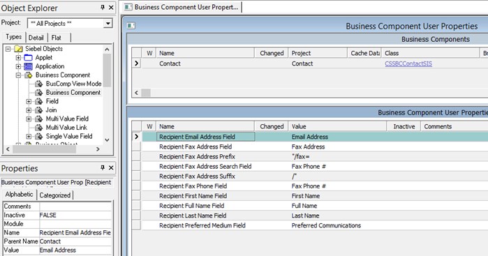 recipient email fax user property in business component