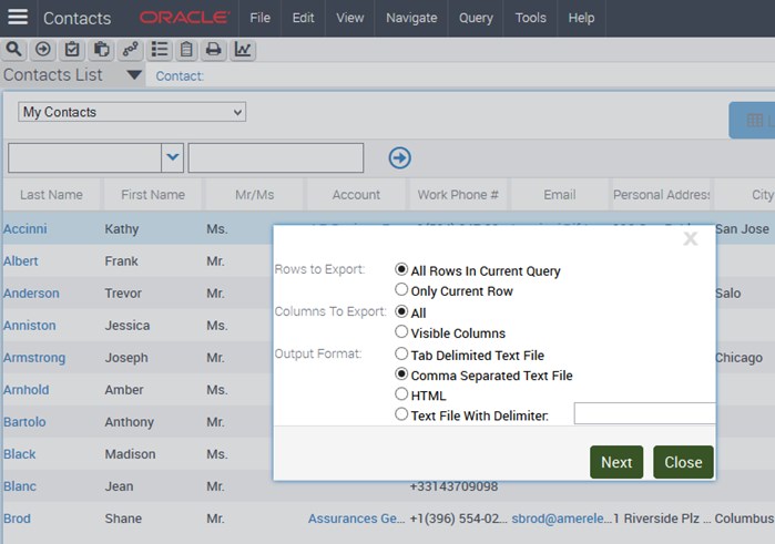 siebel data export from applets